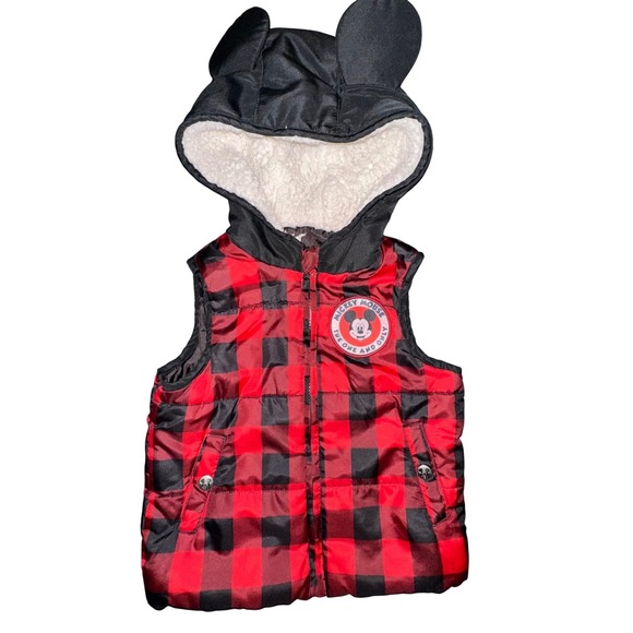 Mickey Mouse Puffer Vest Kids Buffalo Plaid Fleece Lined Hooded Disney 4T - Picture 1 of 4